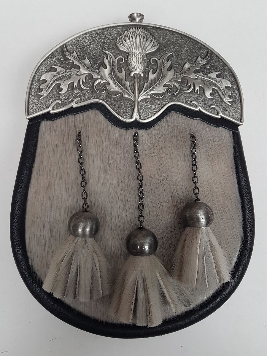 Thistle Cantle Grey Fur Sporran. (image for) Thistle Cantle Grey Fur Sporran.